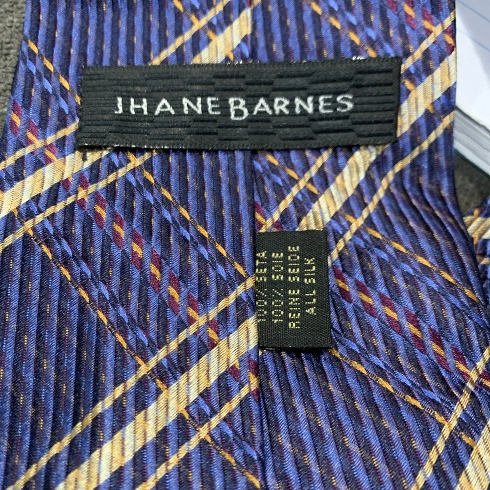 JHANE BARNES 100% Silk Necktie‎ Hand Made In ITALY Blue Beige Plaid EUC